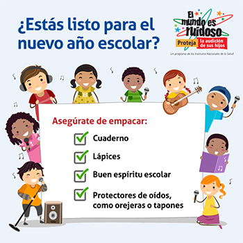 Un grupo de niños preadolescentes en dibujos animados. Cada niño está sonriendo y sosteniendo varios instrumentos musicales, micrófonos y libros de canciones. El texto dice: ¿Estás listo para el nuevo año escolar? Asegúrate de empacar: cuaderno, lápices, buen espíritu escolar, protectores de oídos, como orejeras o tapones.
