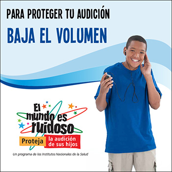 Un niño preadolescente escuchando su reproductor de música portátil con auriculares. El texto dice: Para proteger tu audición, baja el volumen.